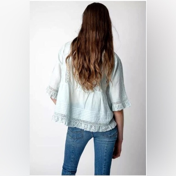 Zadig & Voltaire Tosea Top Short Sleeve Peplum Lace Trim Blue Small - Picture 3 of 8